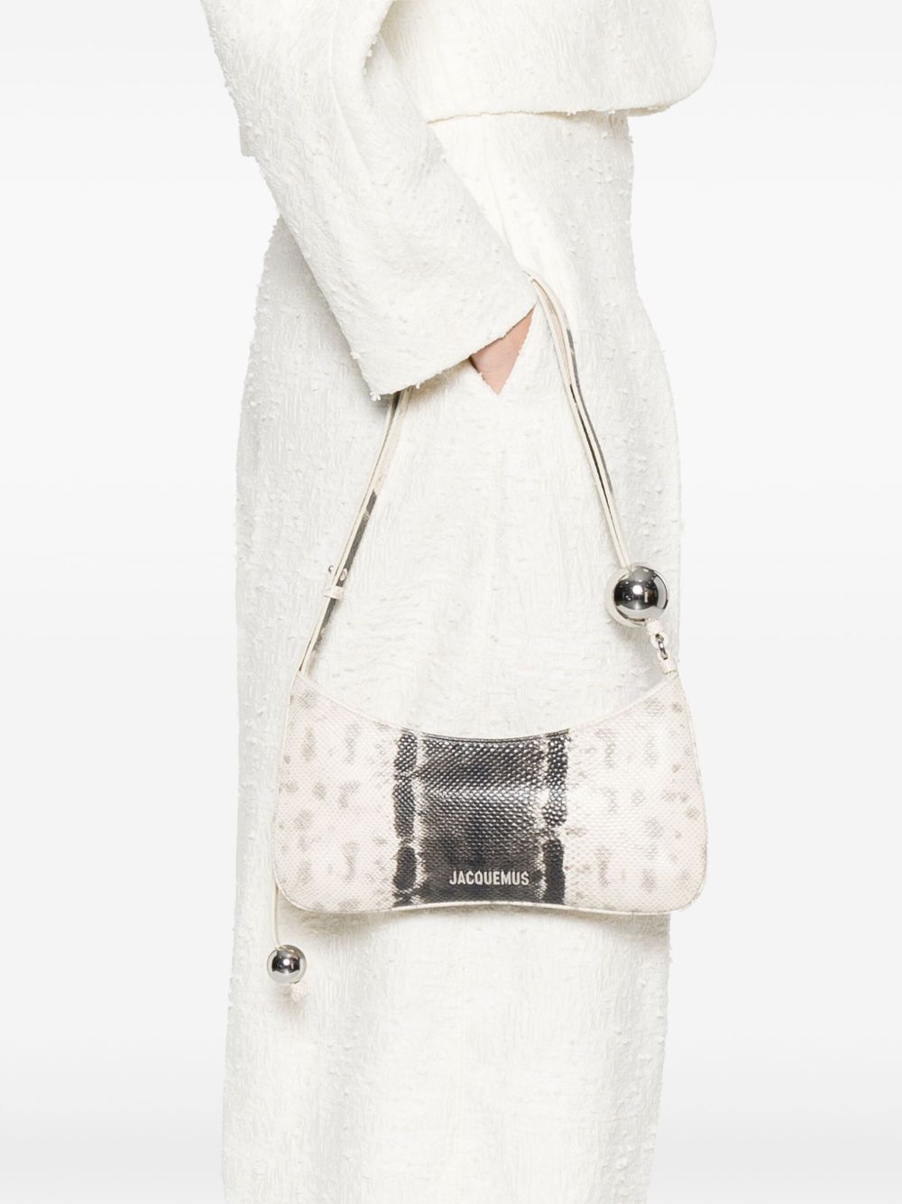 Jacquemus The Bisou Perle Ball-Embellished Curved Leather Shoulder Bag Beige