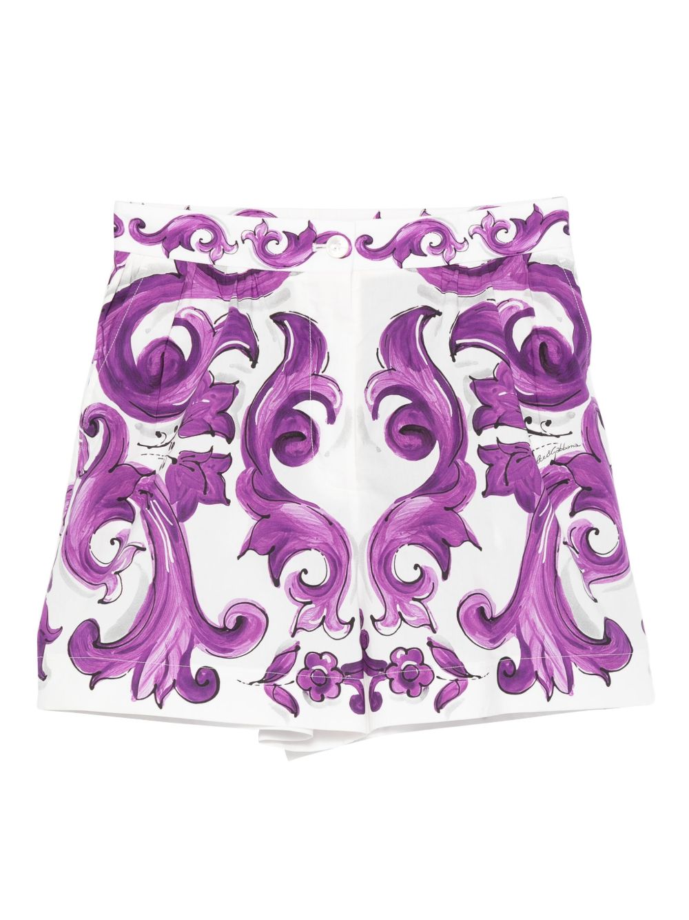 Dolce & Gabbana Maiolica Cotton Print Pleated Shorts Purple