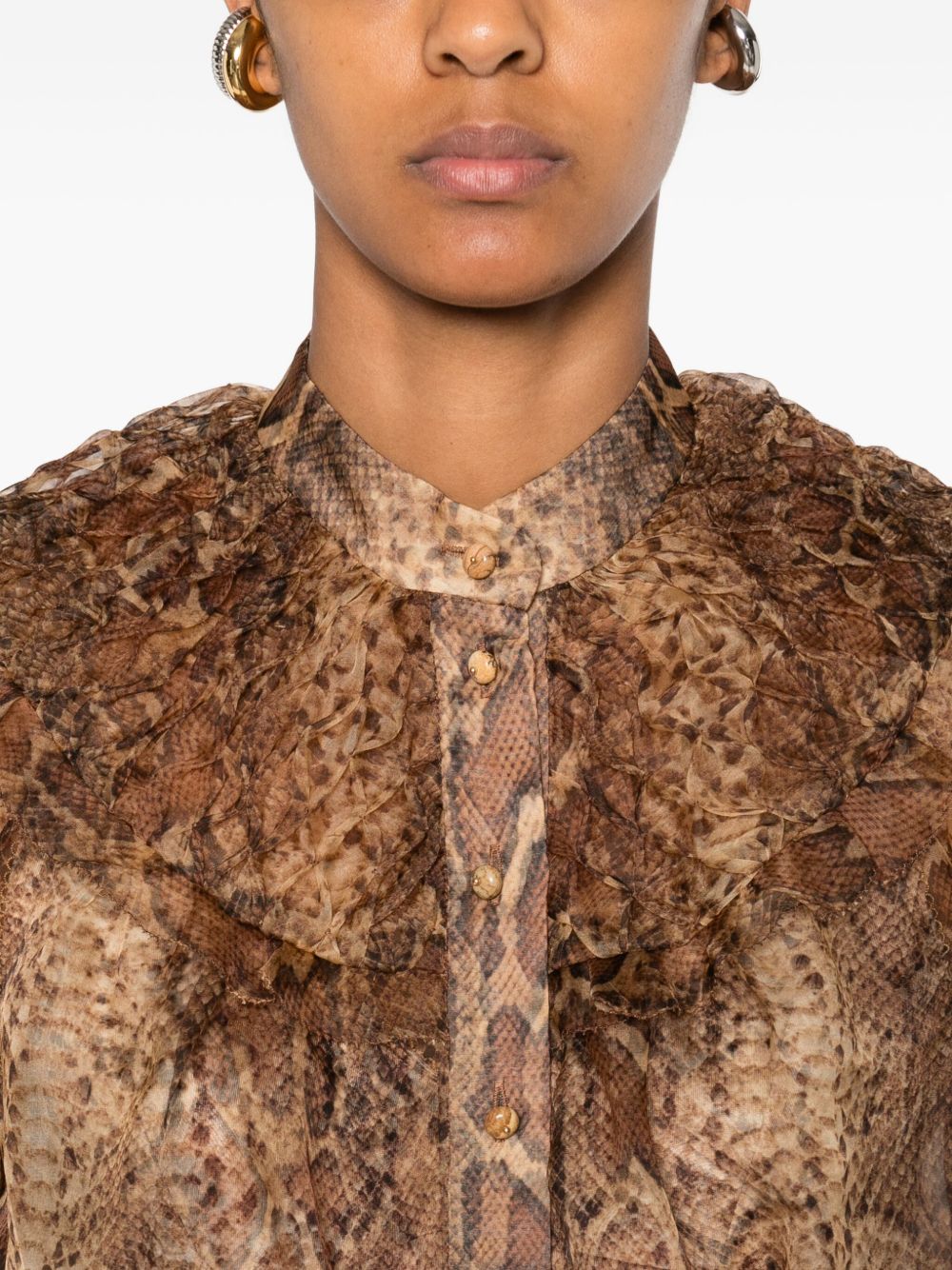 Zimmermann Snake-Print Silk Shirt with Ruffled Collar Brown