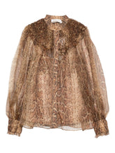 Zimmermann Snake-Print Silk Shirt with Ruffled Collar Brown