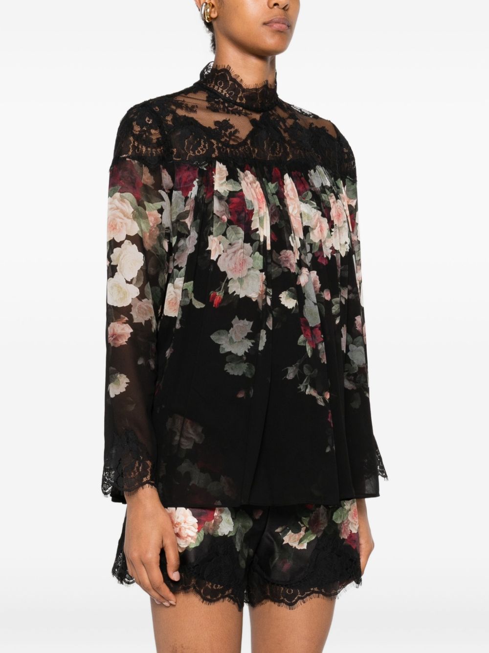 Zimmermann Rose-Print Lace-Detail Pleated Shirt Black black