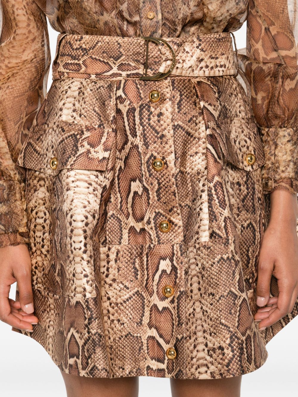 Zimmermann Brown Snakeskin-Print Belted Midi Skirt Brown
