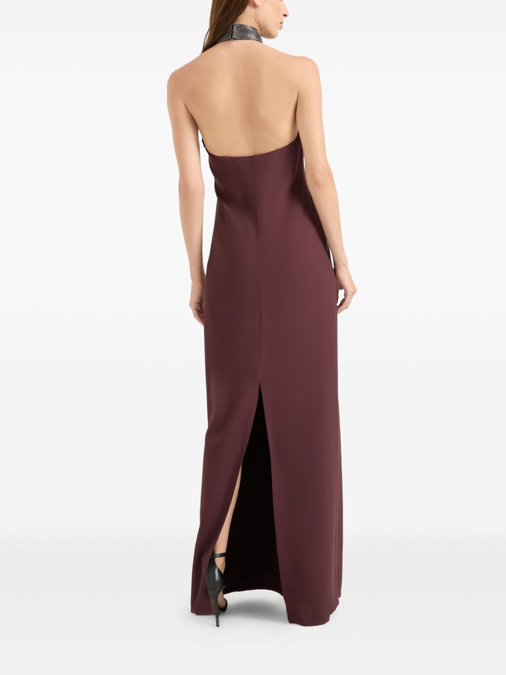 Brunello Cucinelli Silk-Blend Embellished Halterneck Maxi Dress Bordeaux