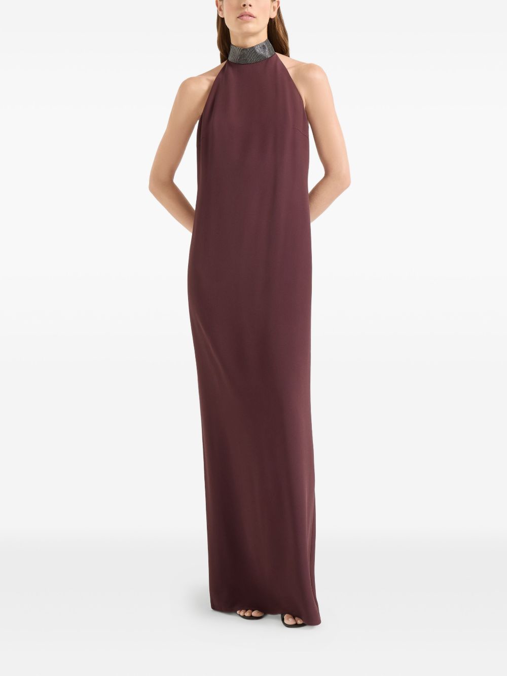 Brunello Cucinelli Silk-Blend Embellished Halterneck Maxi Dress Bordeaux