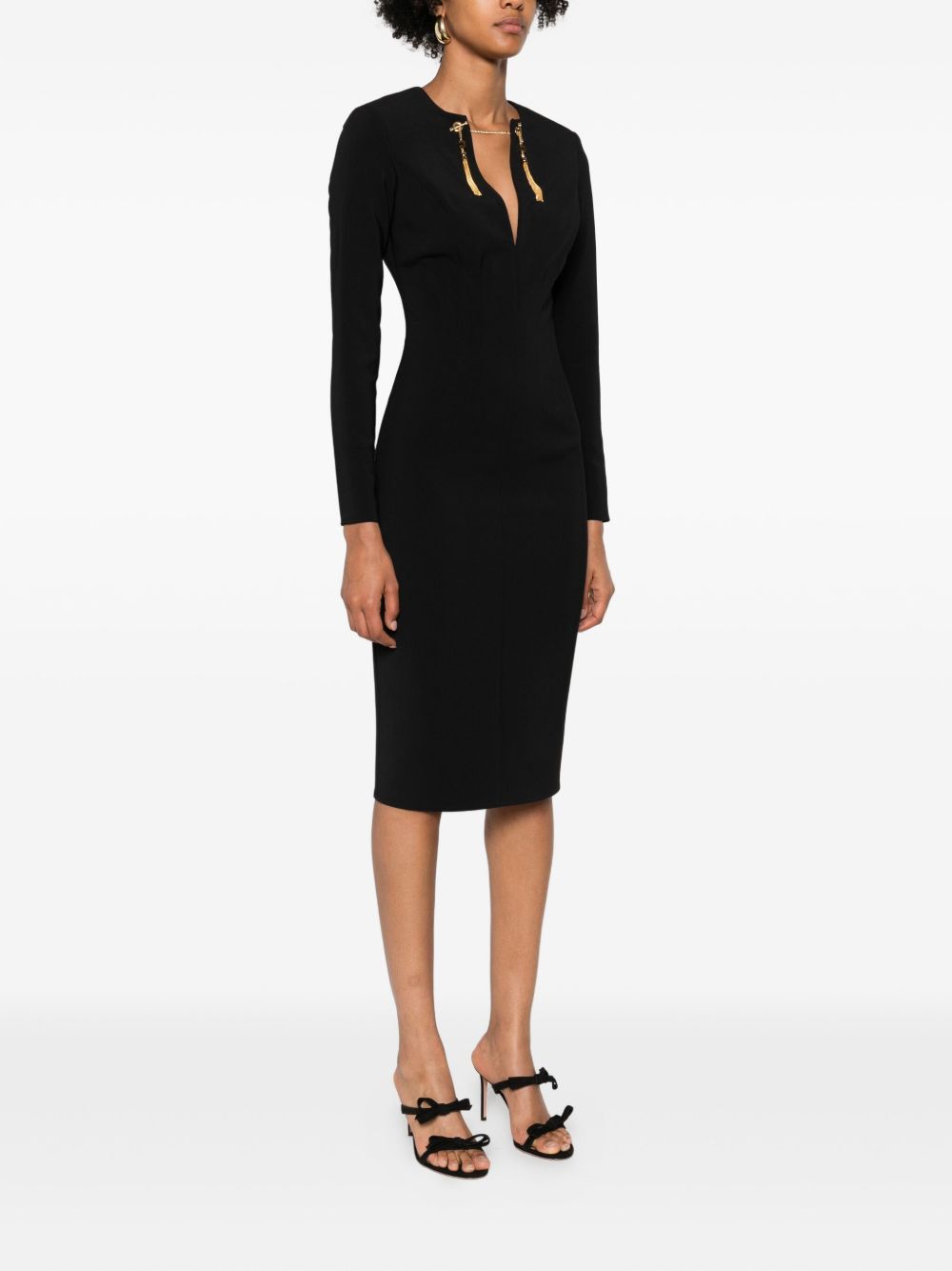 Elisabetta Franchi Long Black Dress with Gold-Tone Embellishments and Long Sleeves Black Black