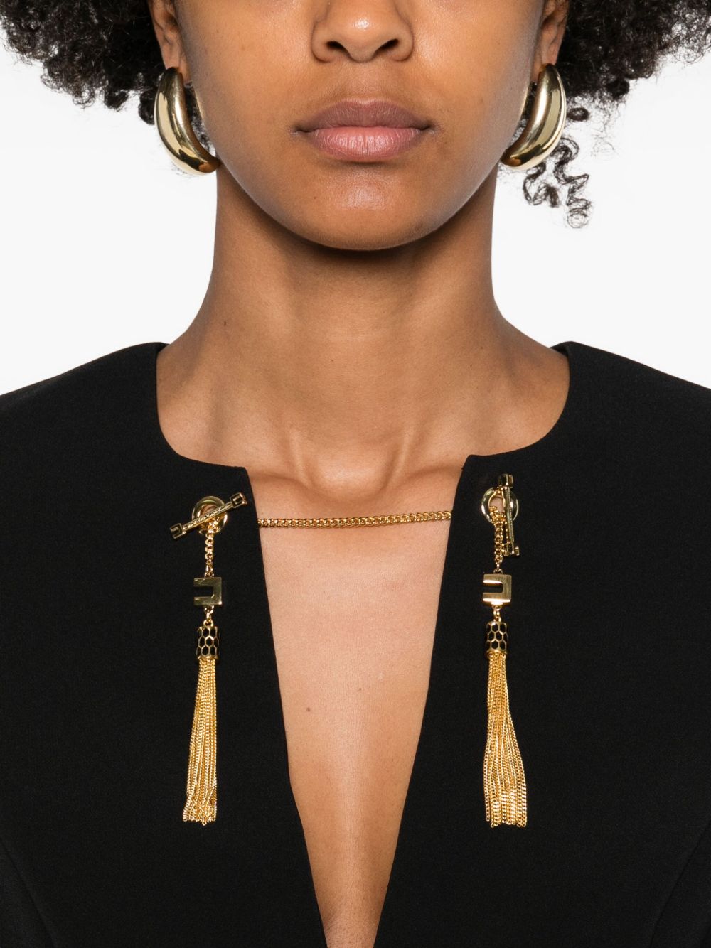 Elisabetta Franchi Long Black Dress with Gold-Tone Embellishments and Long Sleeves Black Black