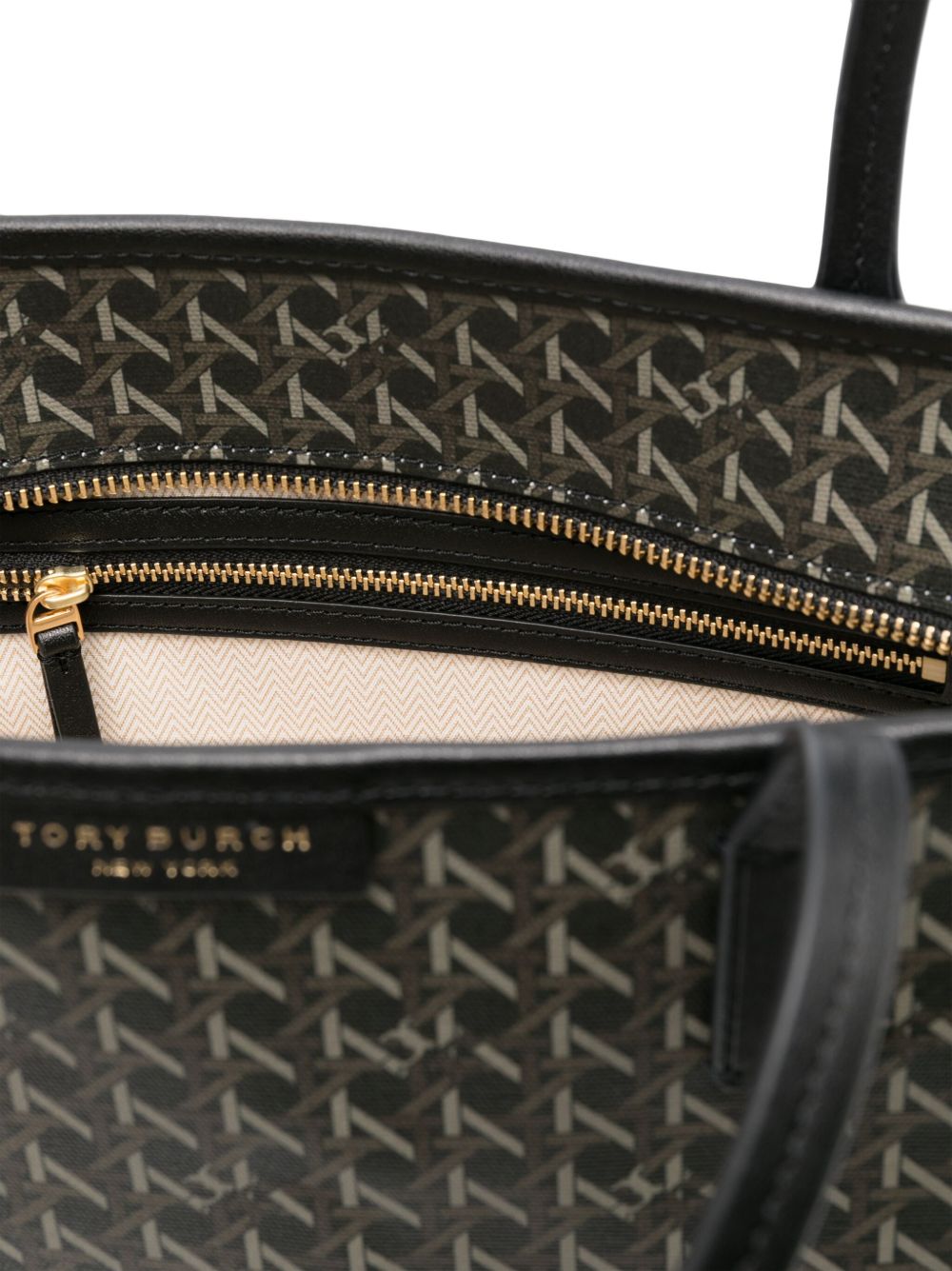 Tory Burch Ever-Ready Small Zip-Up Basket Weave Shopping Bag Black