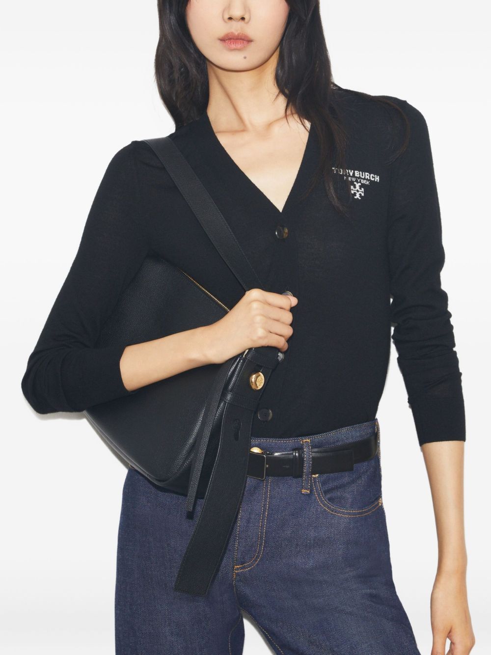 Tory Burch Romy Leather Peeble Shoulder Bag Black