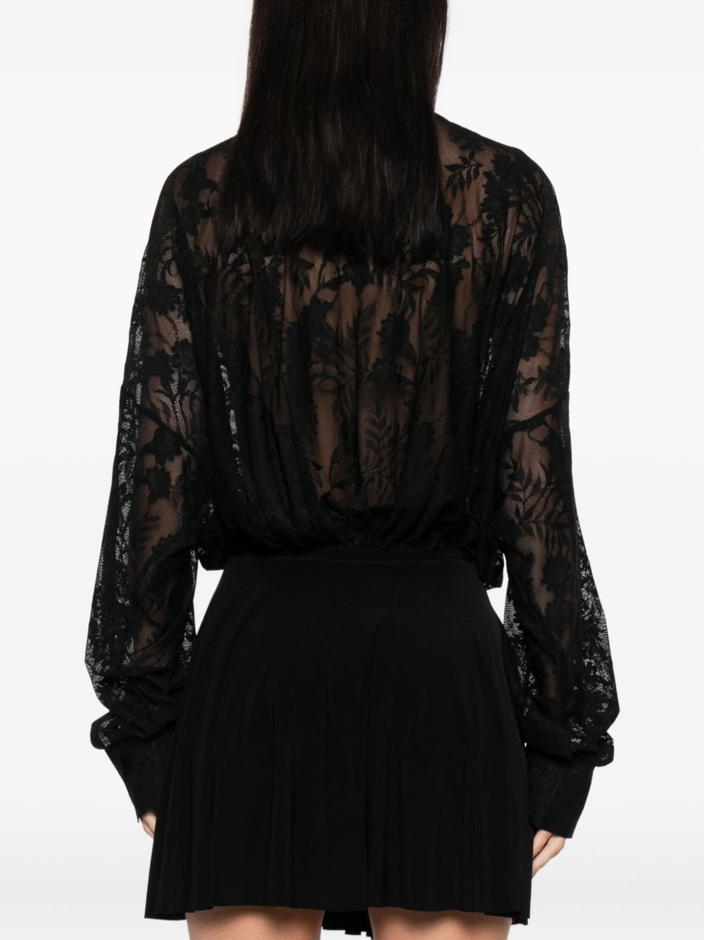 Norma Kamali Floral Lace Oversized Collared Black Bodysuit Black