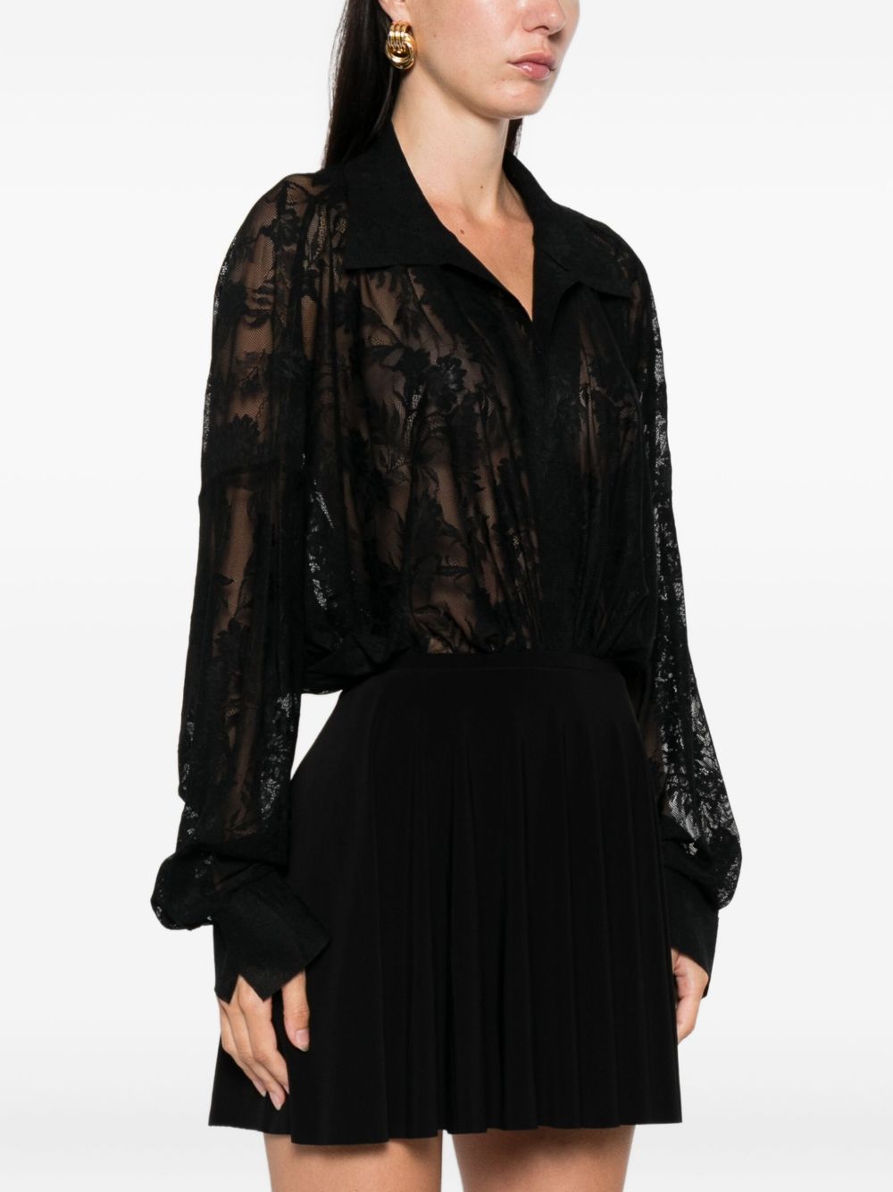 Norma Kamali Floral Lace Oversized Collared Black Bodysuit Black