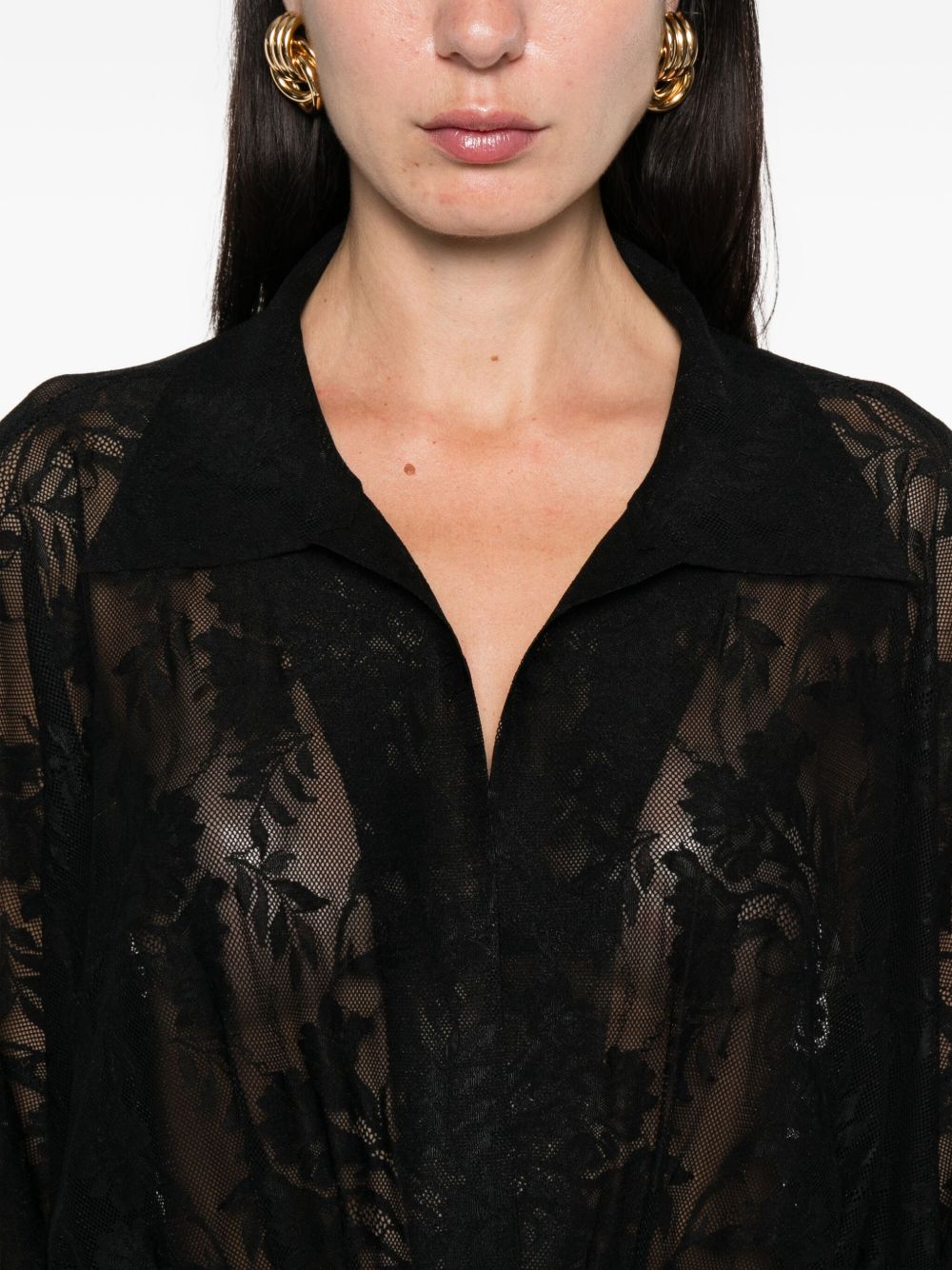 Norma Kamali Floral Lace Oversized Collared Black Bodysuit Black