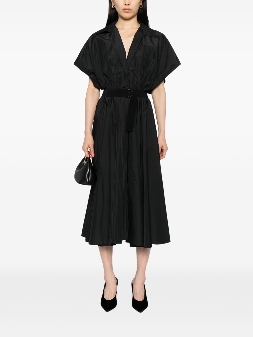 Norma Kamali Black Flared-Hem Midi Dress with Adjustable Waist Strap Black
