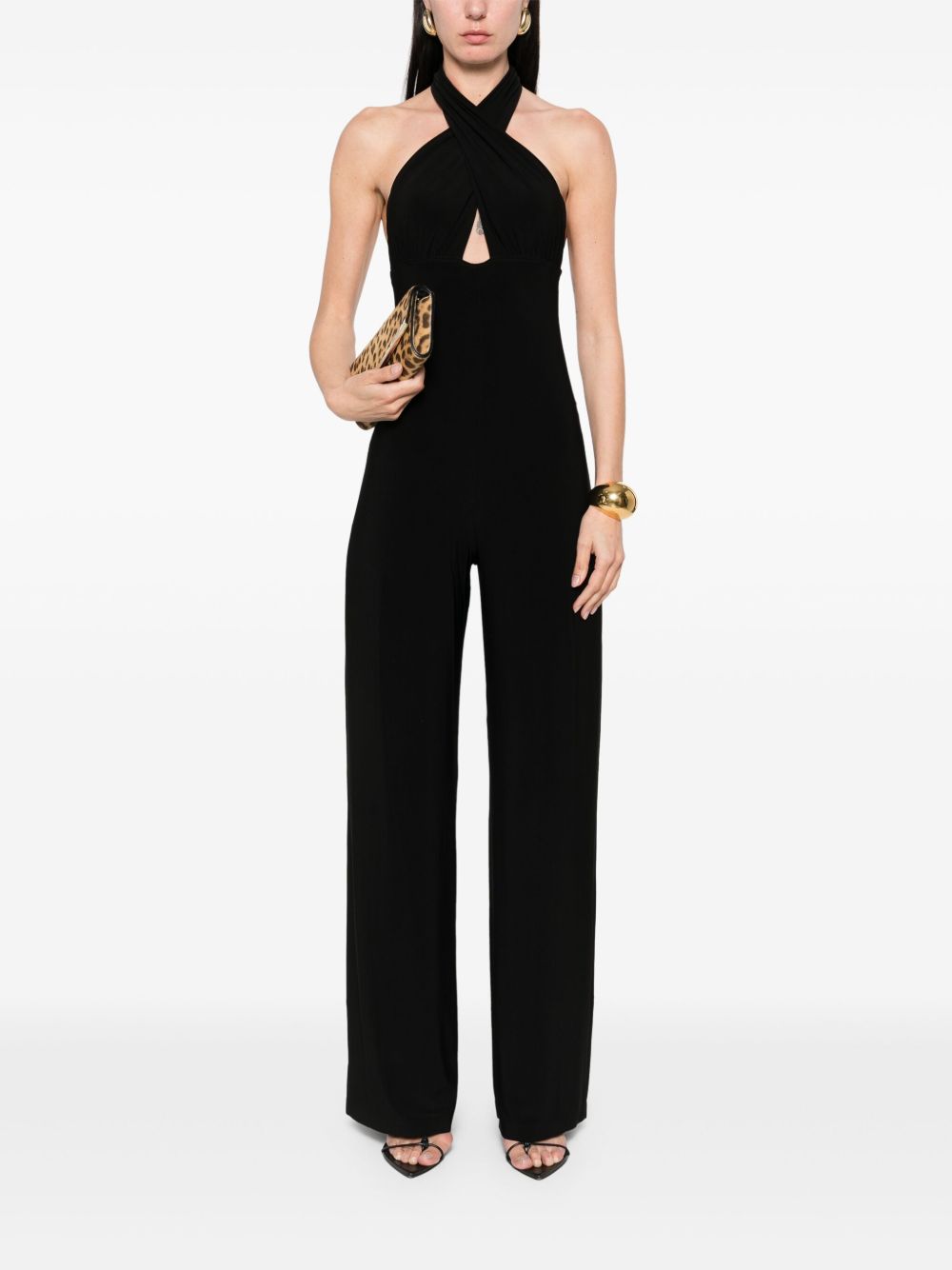 Norma Kamali Crossover-Strap Cut-Out Sleeveless Black Jumpsuit Black