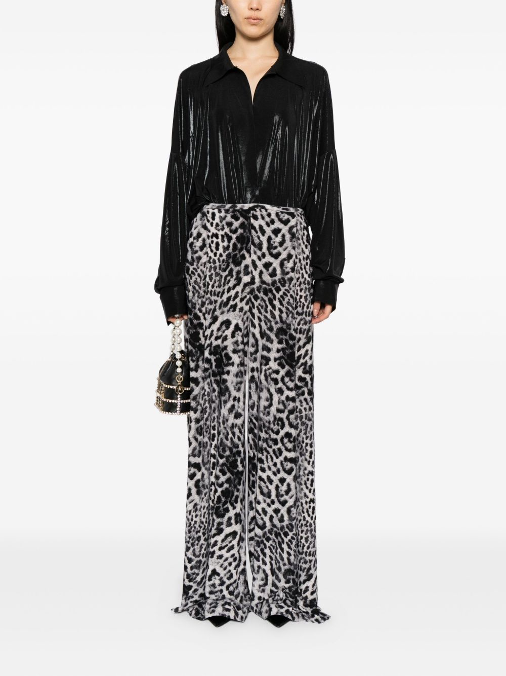 Norma Kamali Leopard-Print Wide-Leg Silk Trousers Brown