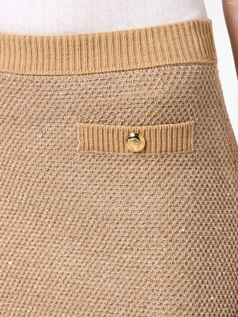 Elisabetta Franchi Ribbed Wool Knit Midi Skirt Beige