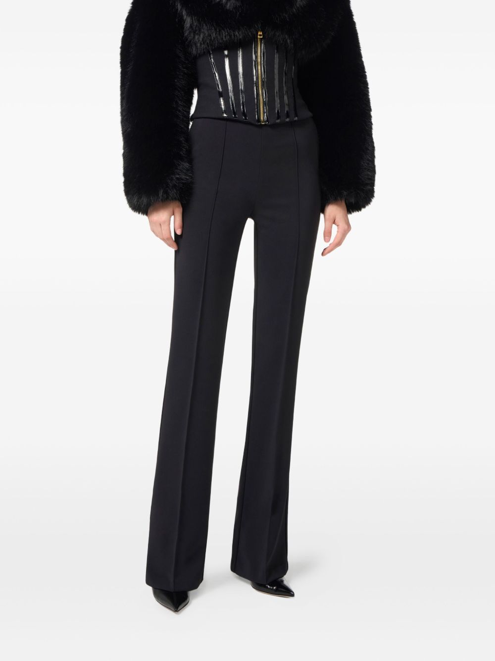 Elisabetta Franchi High-Waisted Chain Detail Crepe Flared Trousers Black