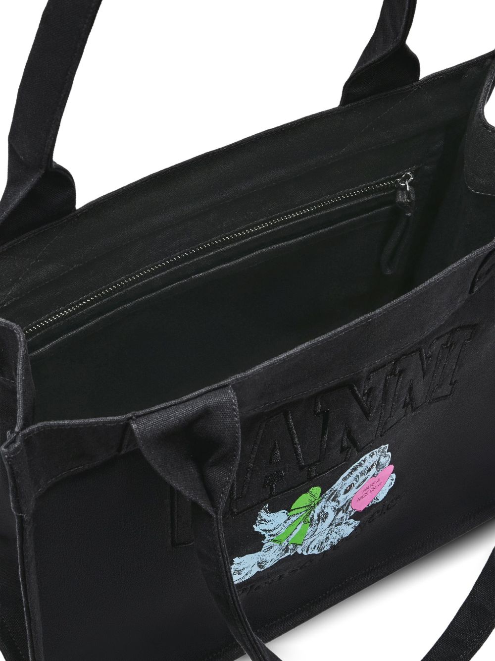 Ganni Puppy Embroidered Recycled Cotton Large Tote Bag Grey