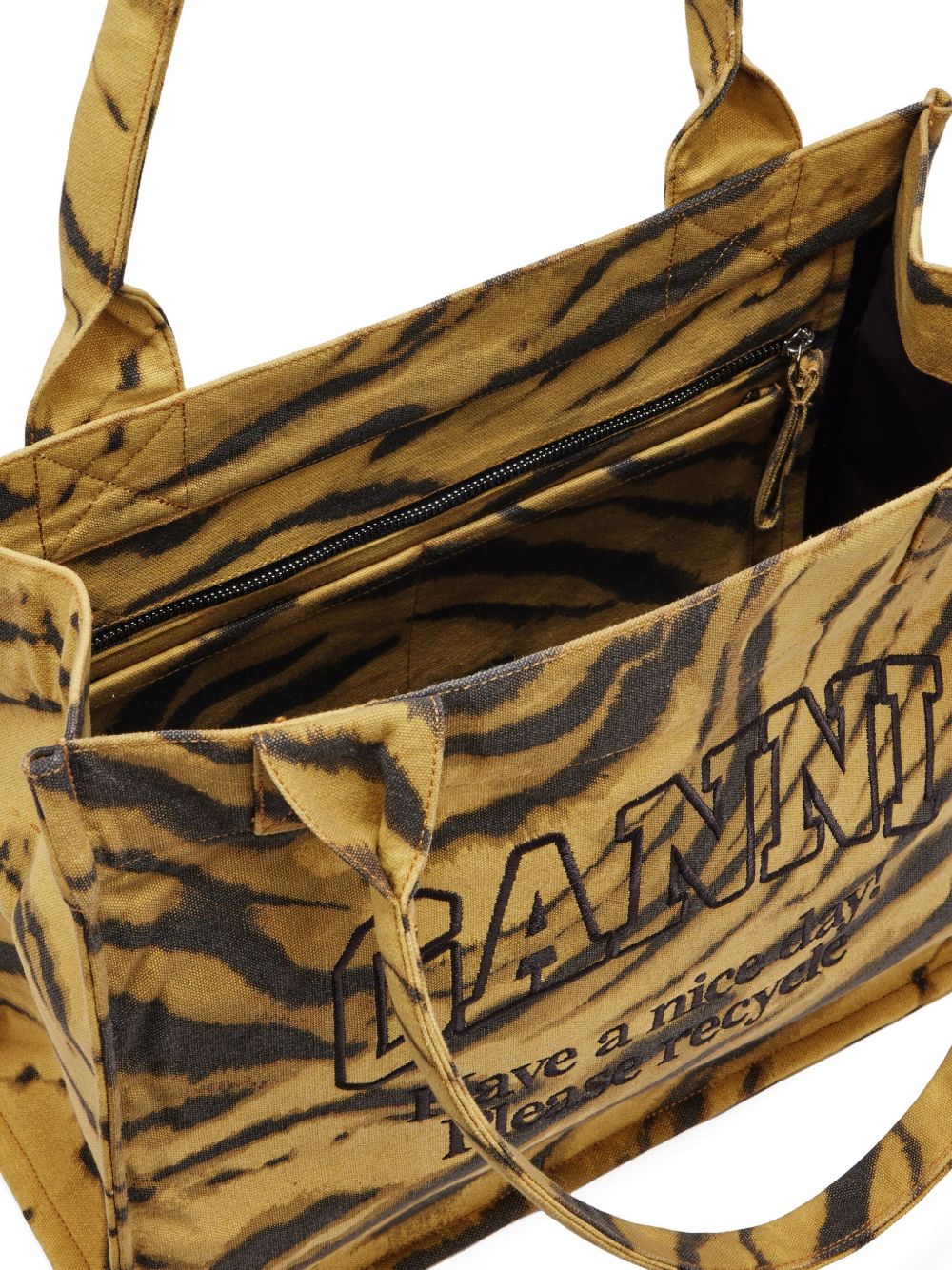 Ganni Tiger-Print Recycled Cotton Large Tote Bag Khaki