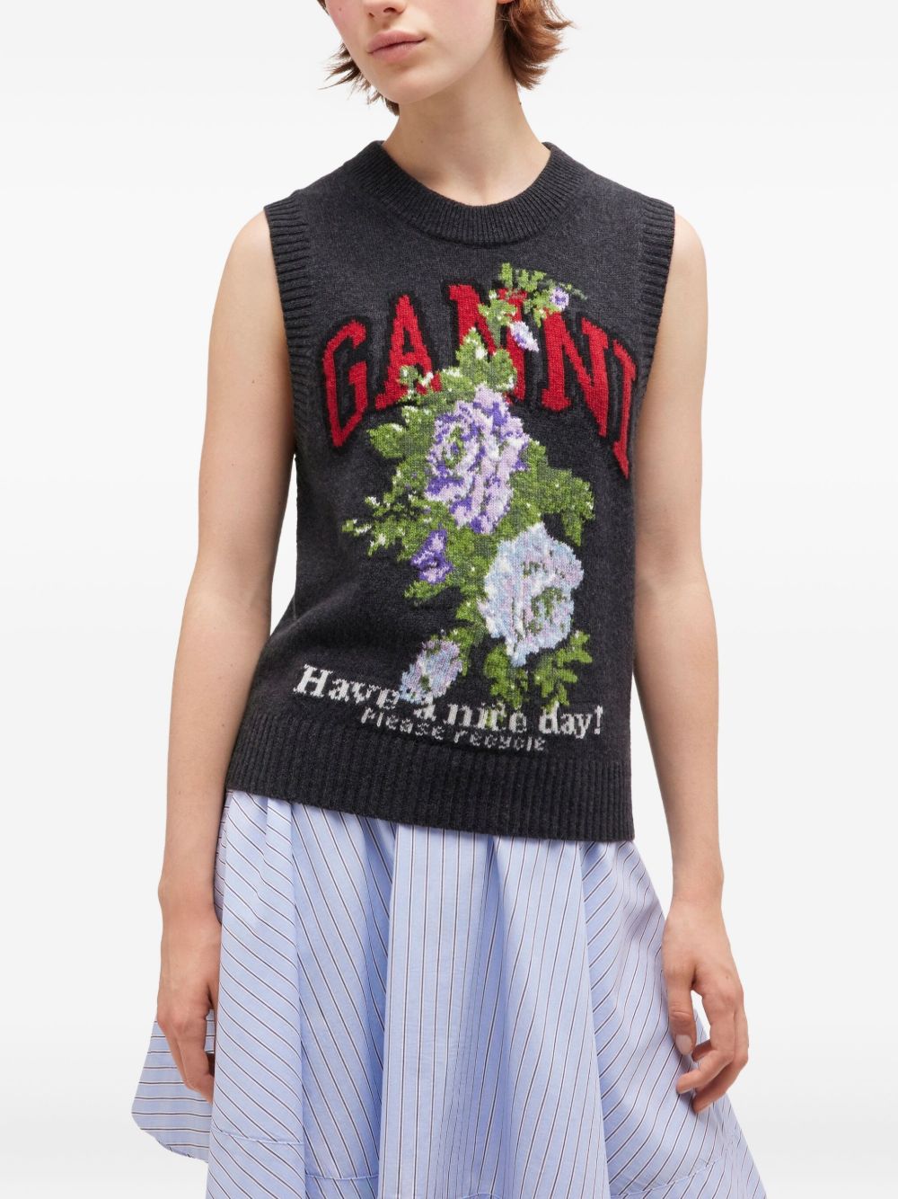 Ganni Floral Wool Sleeveless Vest in Grey Grey