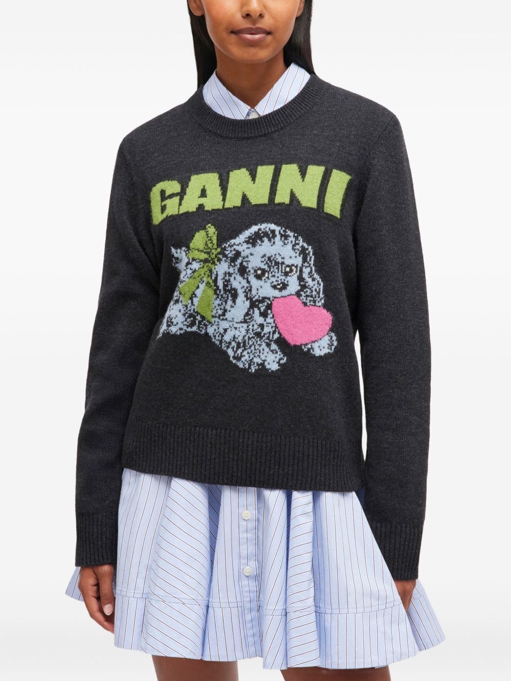 Ganni Puppy Love Dog-Graphic Wool-Blend Sweater Grey