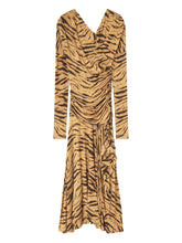 Ganni Tiger-Print Draped Long Dress Khaki