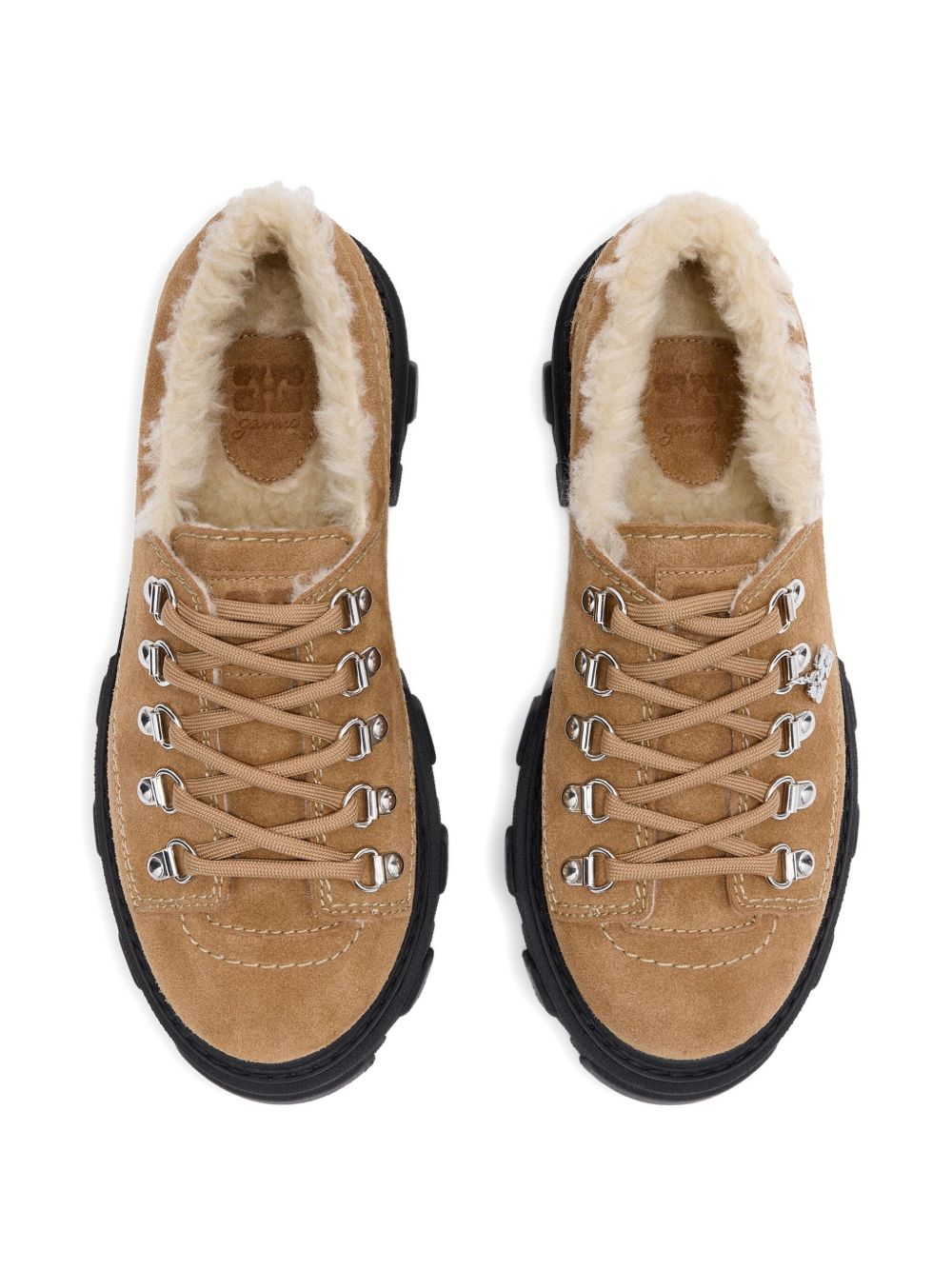 Ganni Suede Shearling Lace-Up Moccasins Light Brown