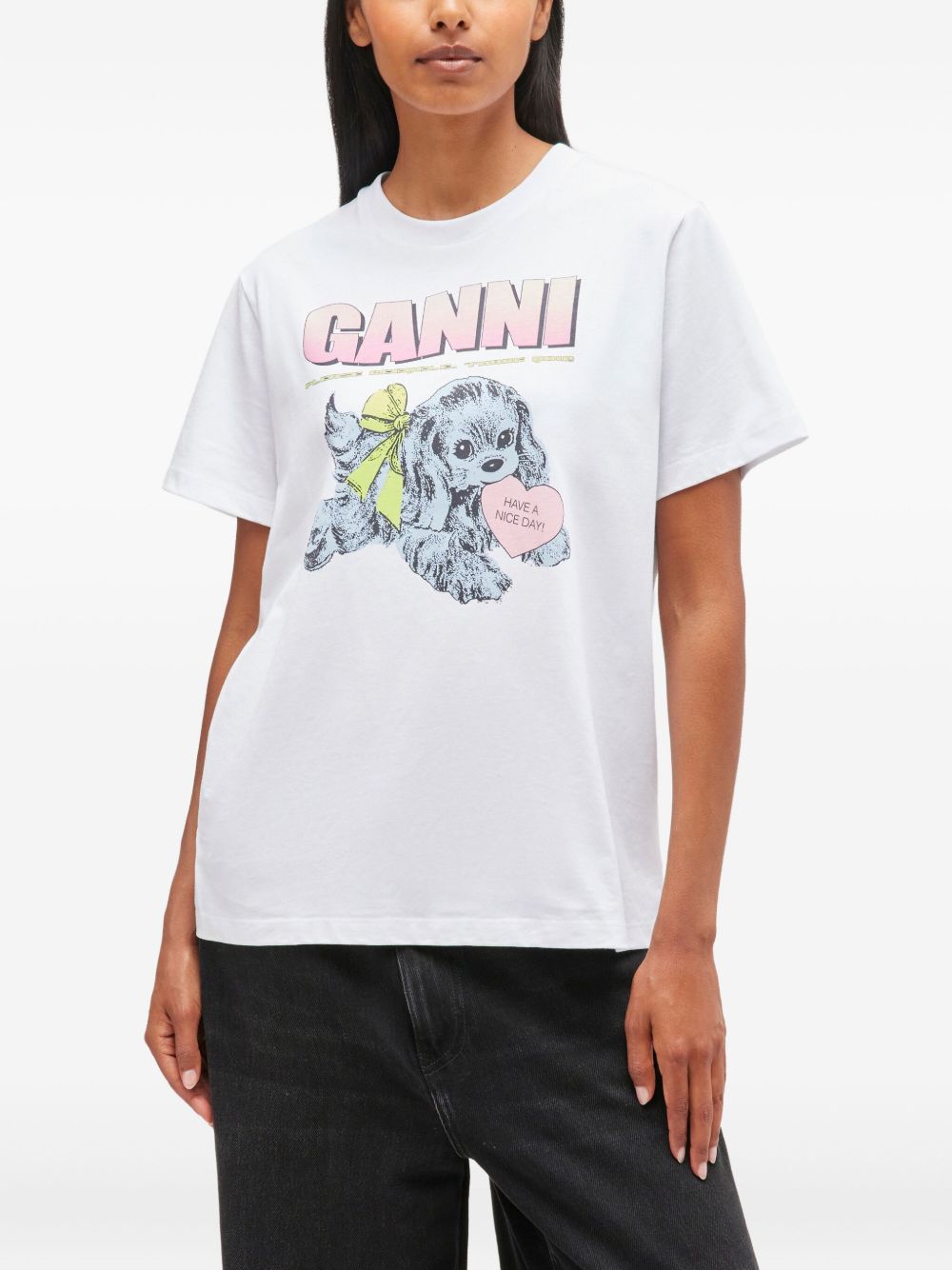 Ganni Neon Puppy Graphic Organic Cotton T-Shirt White