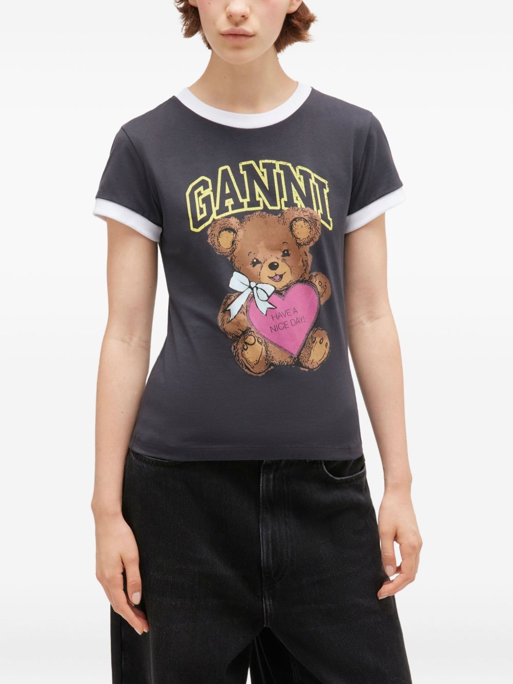Ganni Organic Cotton Teddy-Bear Graphic Ringer T-Shirt Grey