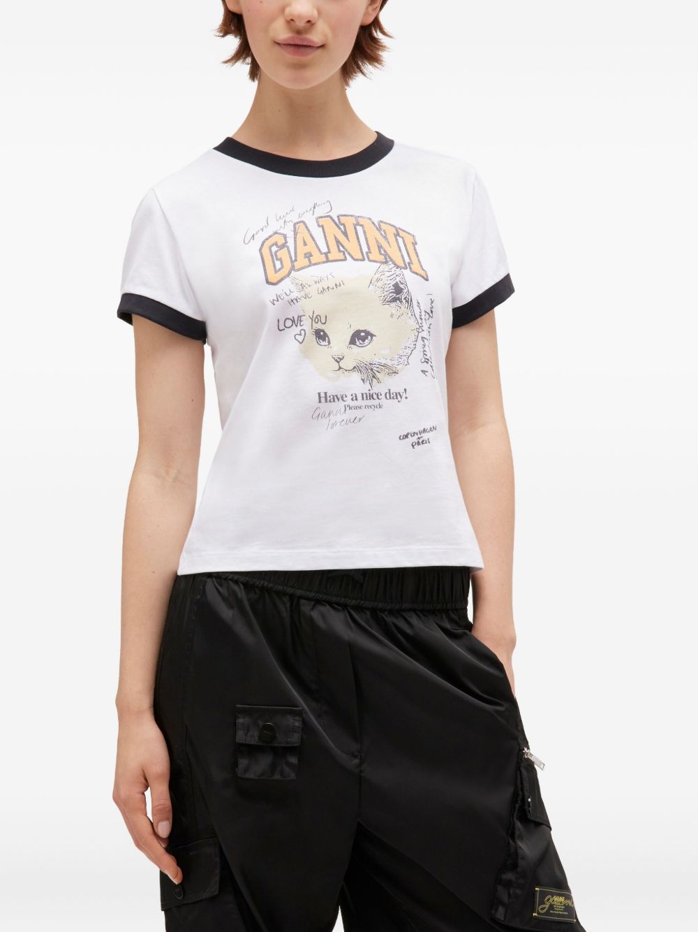 Ganni Kitty Cat Graphic Organic Cotton Ringer T-Shirt White