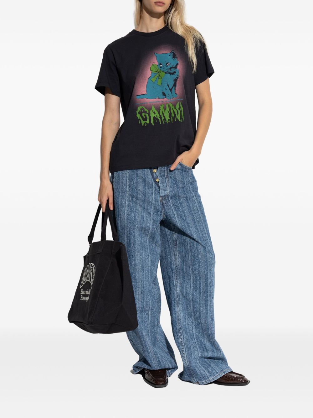 Ganni Neon Kitty Organic Cotton Graphic T-Shirt Grey