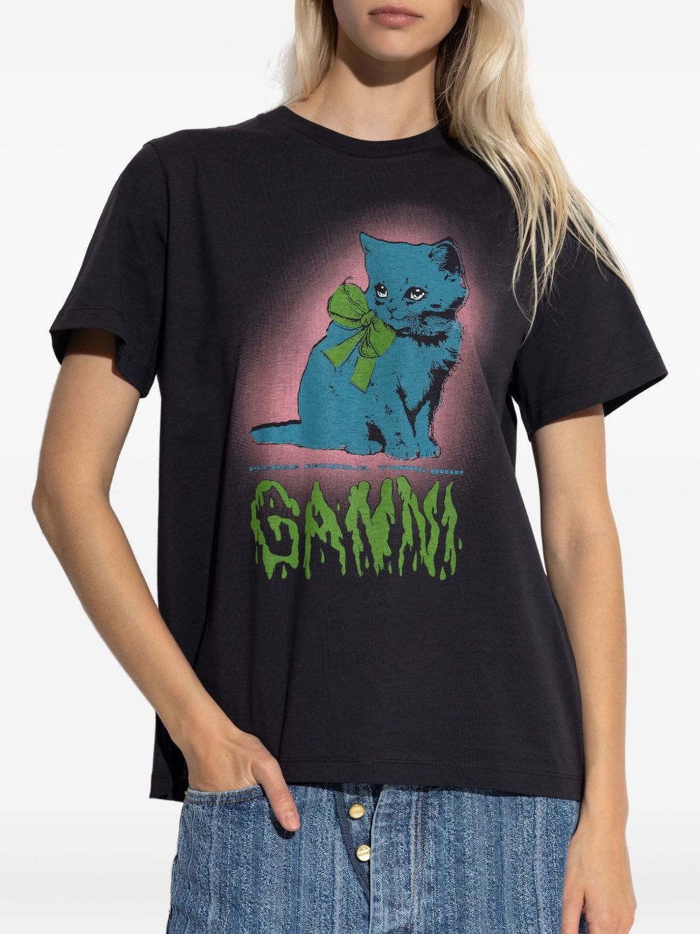 Ganni Neon Kitty Organic Cotton Graphic T-Shirt Grey