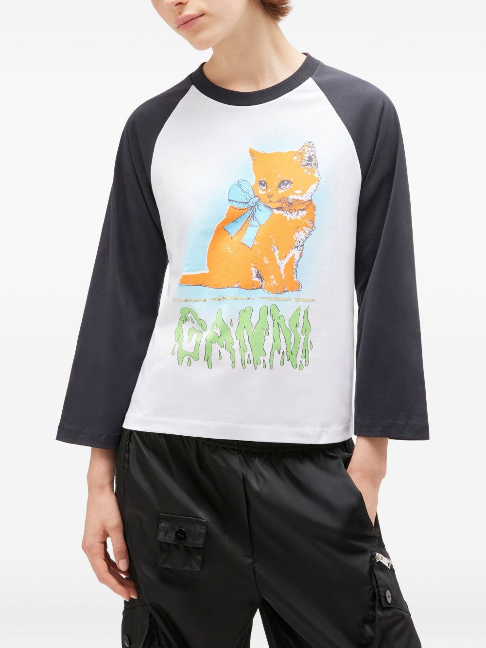 Ganni Kitty Baby Organic Cotton Baseball Sleeve T-Shirt White White