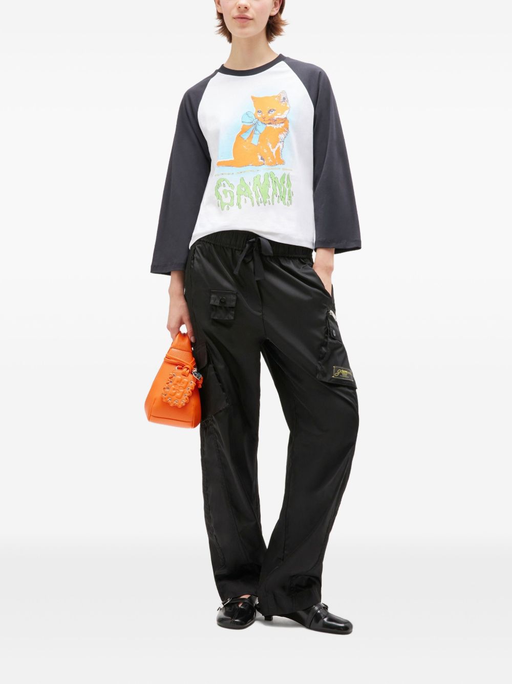 Ganni Kitty Baby Organic Cotton Baseball Sleeve T-Shirt White White