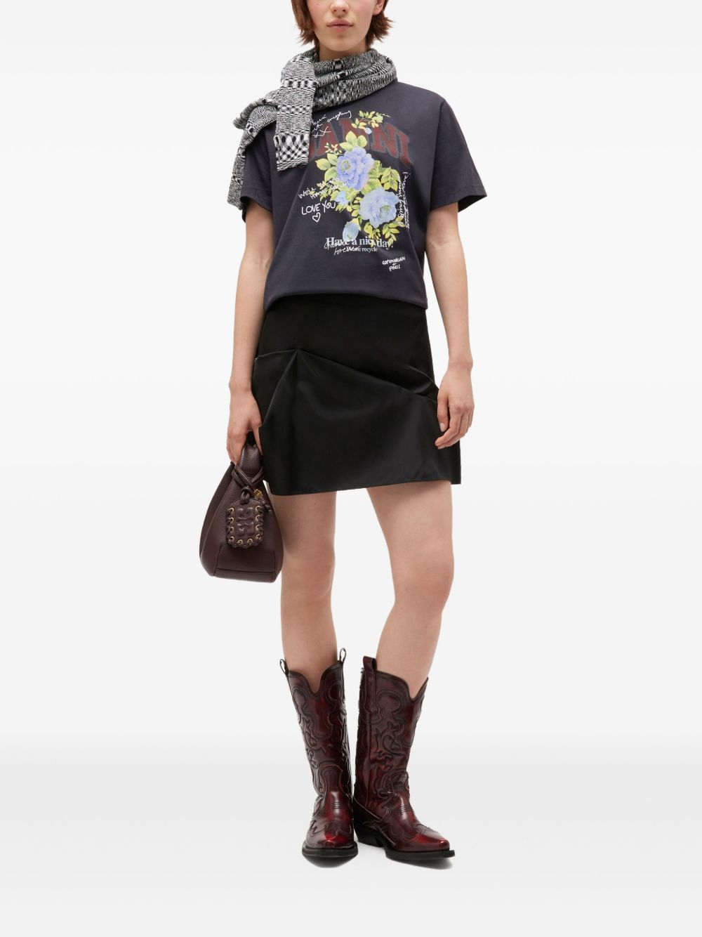 Ganni Floral and Graphic-Print Organic Cotton T-Shirt Grey