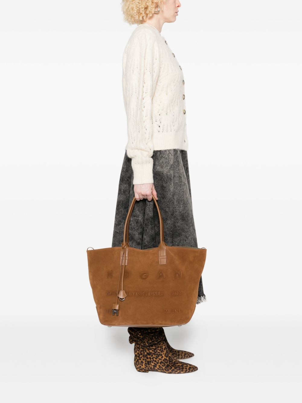 Hogan Pre Medium Script Embossed Suede Tote Bag Leather Brown