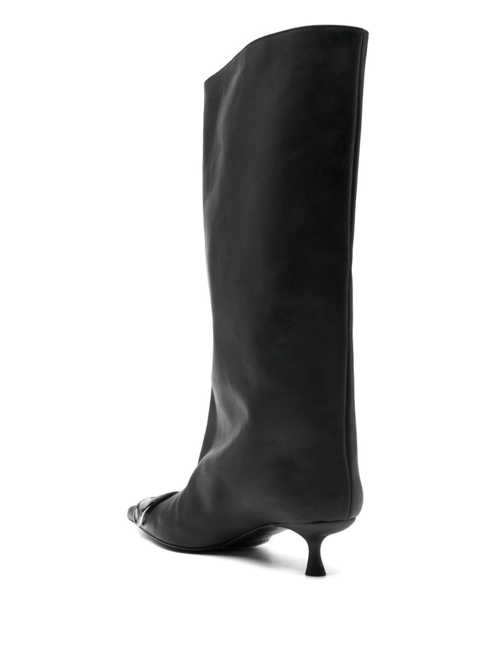 Diesel Venus Black Pointed Leather Kitten Heel Boots with Metallic Embellishment Black