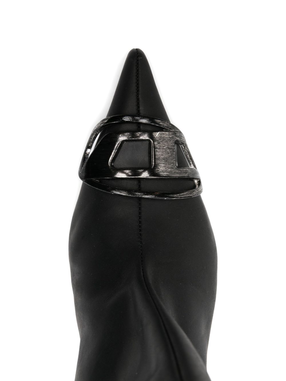 Diesel Venus Black Pointed Leather Kitten Heel Boots with Metallic Embellishment Black