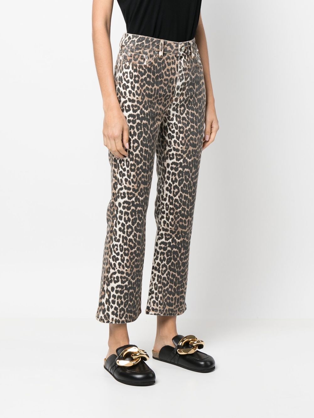 Ganni Leopard-Print Organic-Cotton Cropped Jeans Brown