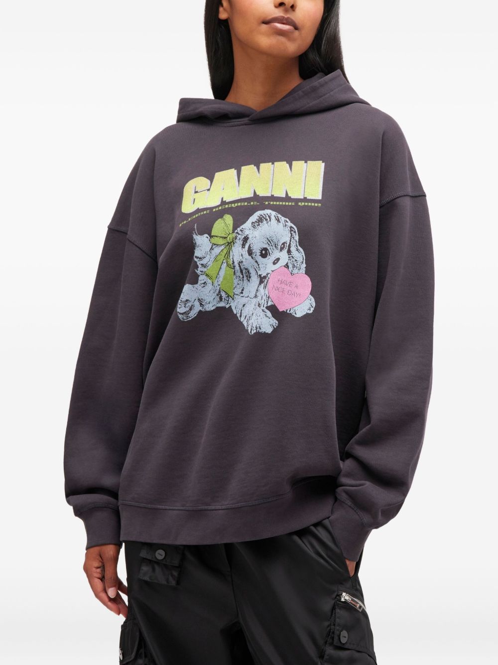 Ganni Graphic-Print Organic Cotton Hoodie Grey