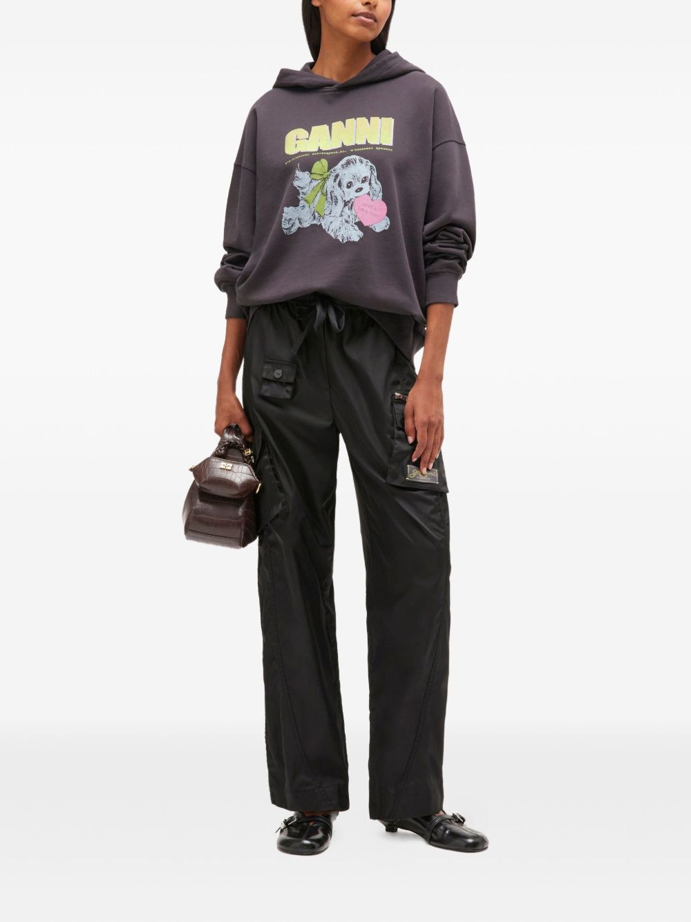 Ganni Graphic-Print Organic Cotton Hoodie Grey