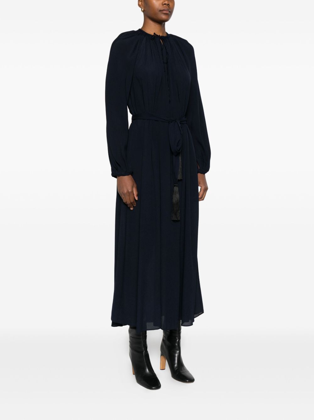 Forte Forte Navy Tie-Neck Crepe de Chine Long Dress Blue