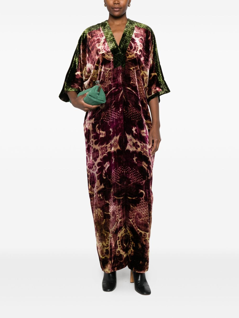 Pierre Louis Mascia Velvet V-Neck Midi Dress with Green Trim Bordeaux
