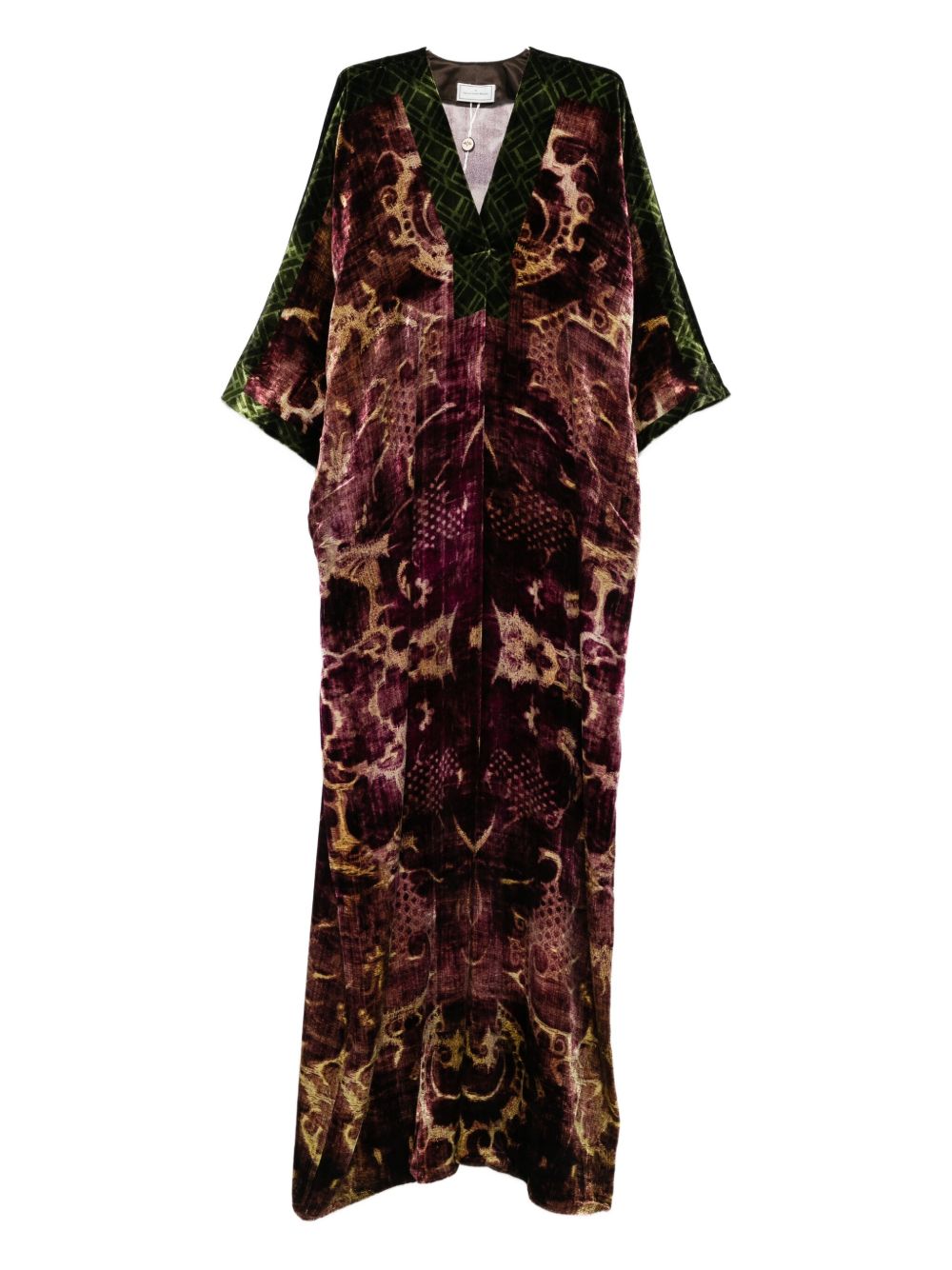 Pierre Louis Mascia Velvet V-Neck Midi Dress with Green Trim Bordeaux