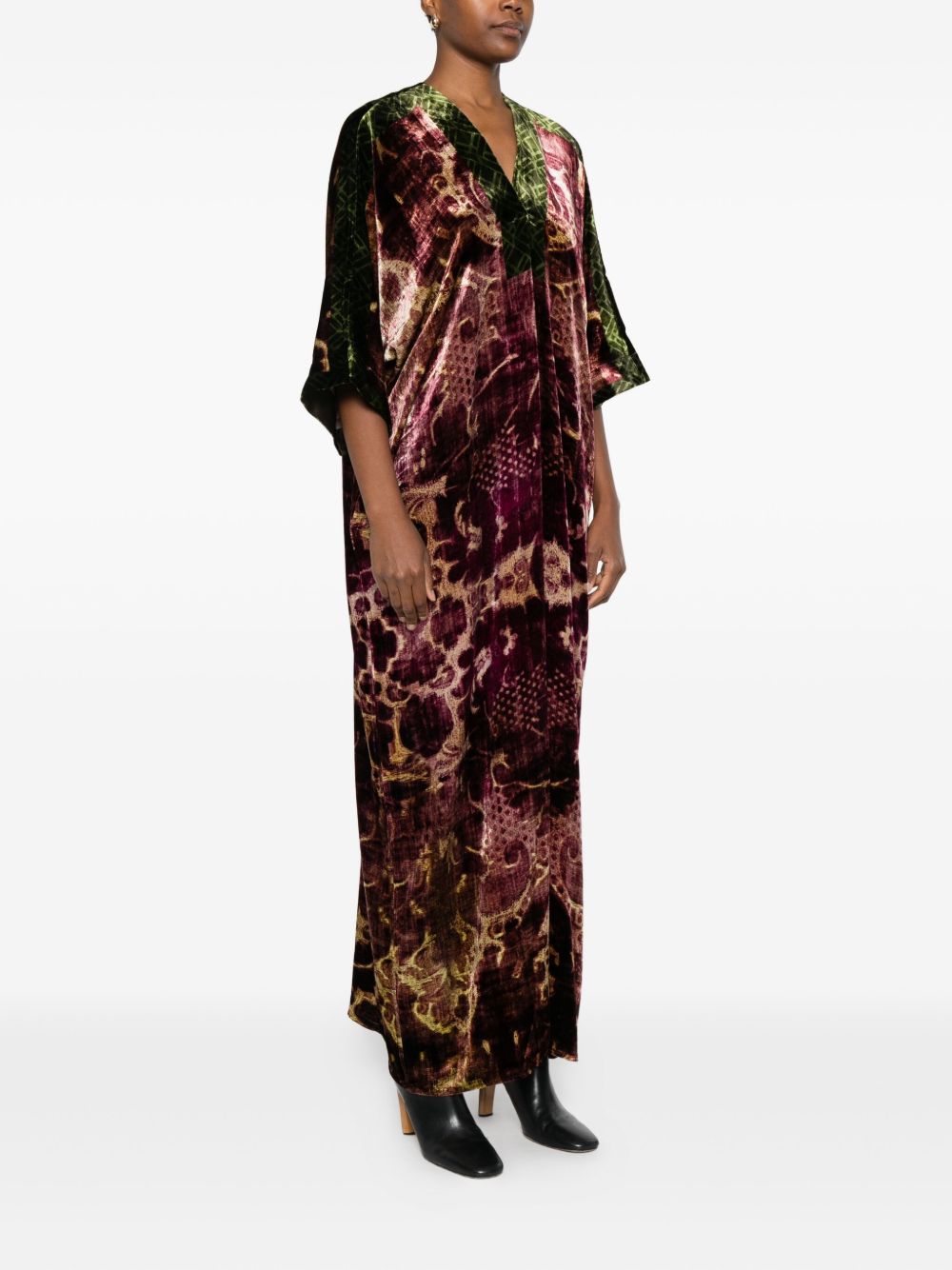 Pierre Louis Mascia Velvet V-Neck Midi Dress with Green Trim Bordeaux