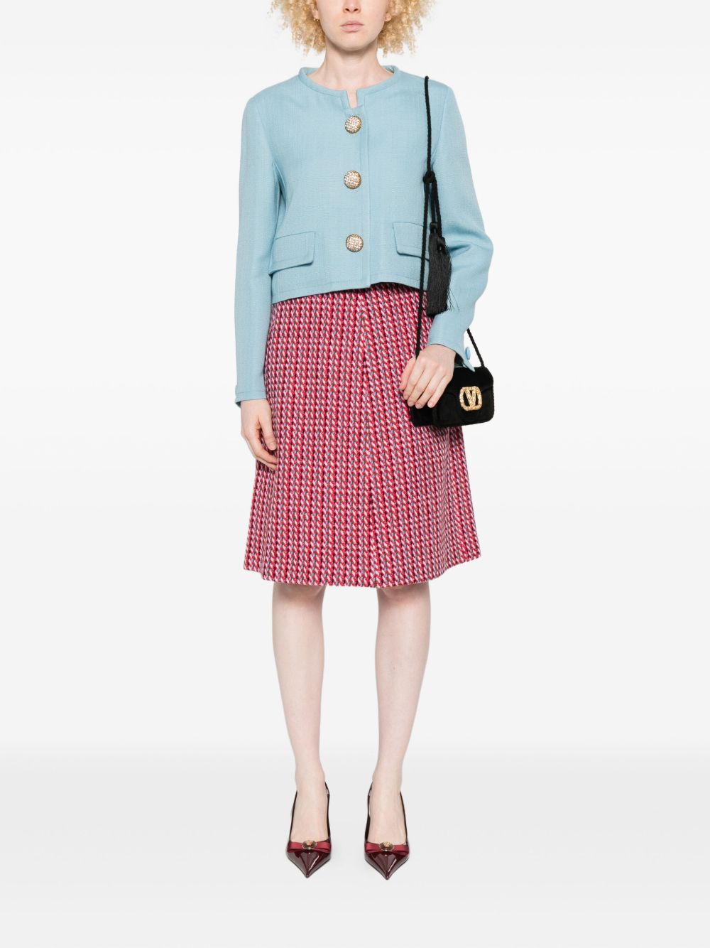 Valentino Cropped Baby Blue Collarless Jacket with Gold Buttons Clear Blue