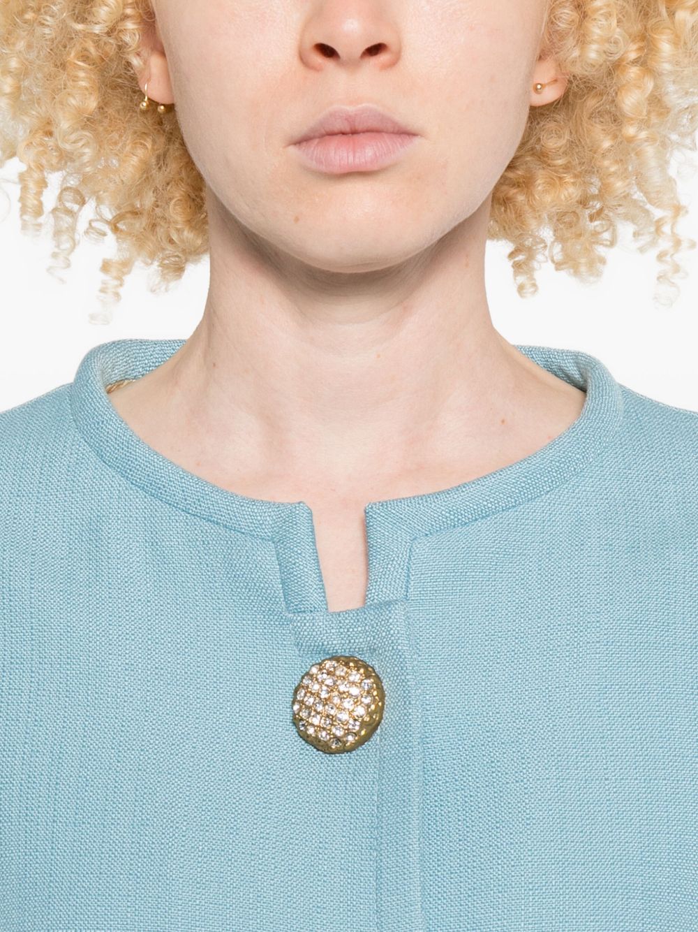 Valentino Cropped Baby Blue Collarless Jacket with Gold Buttons Clear Blue