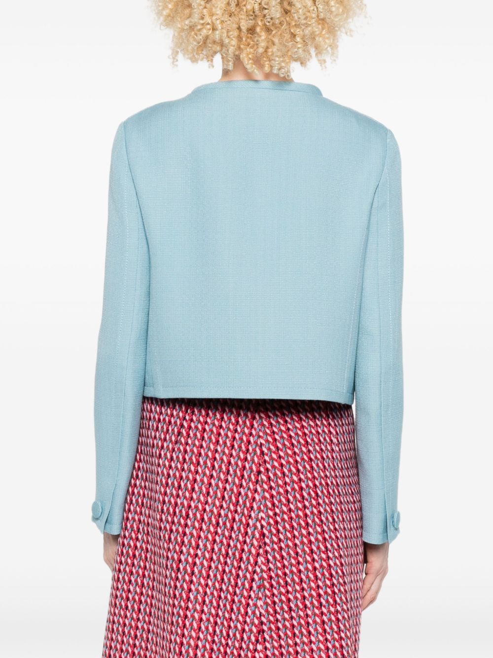 Valentino Cropped Baby Blue Collarless Jacket with Gold Buttons Clear Blue