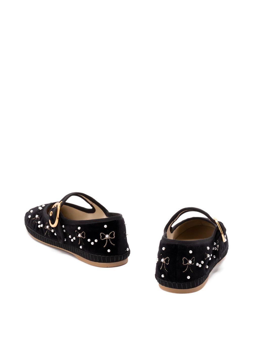 Valentino Garavani Embroidered Velvet Ballet Flats with VLogo, Pearl and Bow - Black