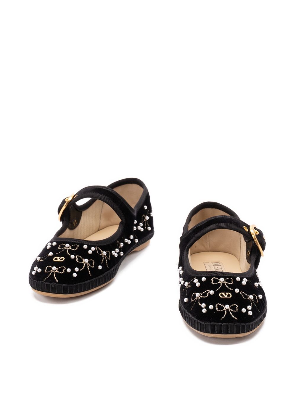 Valentino Garavani Embroidered Velvet Ballet Flats with VLogo, Pearl and Bow - Black