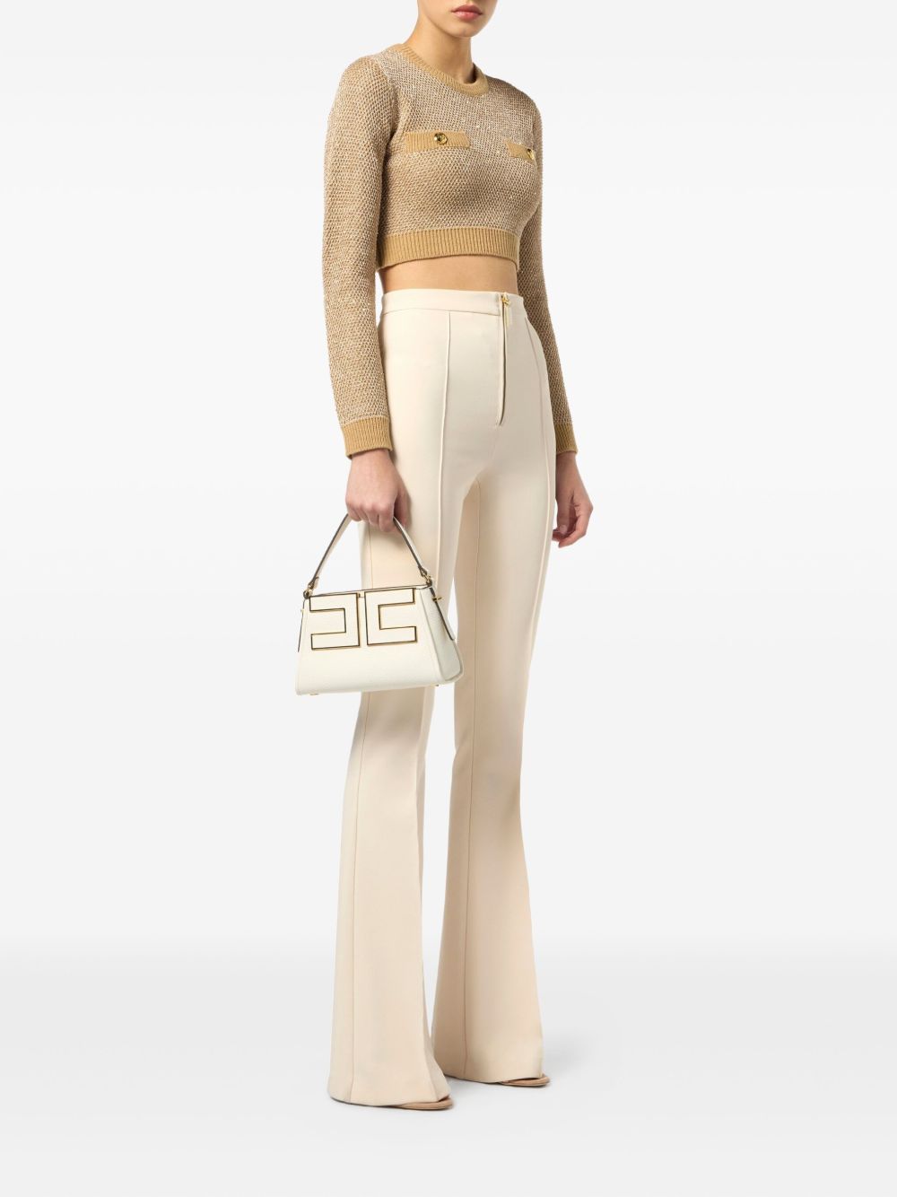 Elisabetta Franchi Sequin-Embellished Cropped Wool Sweater Beige
